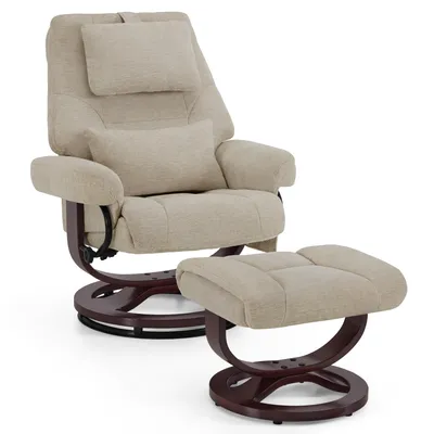 Produktbild von M MCombo Relaxsessel mit Liegefunktion, Lesesessel, 360° Drehbarer Fernsehsessel mit Hocker, mit Kopfkissen, Lendenkissen & Seitentasche, 9046 (Beige)