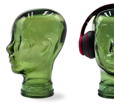 Obrázek produktu pro Skleněný stojan na sluchátka transparentní + satén | 29cm skleněná plastika hlavy | barva: T03 zelená