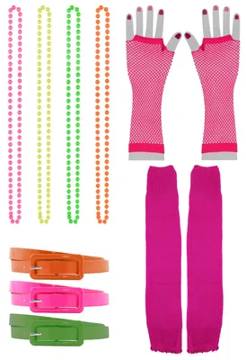 Produktbild von 11 teiliges 80er Jahre Kostüm Set für Damen - Gürtel, Stulpen, Netzhandschuhe, Ketten