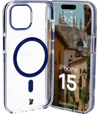 Produktbild von Bizon Case Marco Magnetische Ringhülle für iPhone 15, Transparent mit blauem Rahmen