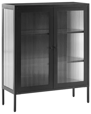 Produktbild von BELIANI Vitrine Schwarz Metall mit 2 Glastüren 111 cm Hoch 3 Fächer Industrie Design Schrank Vitrinenschrank Flur Wohnzimmer Büro Möbel Ausstattung