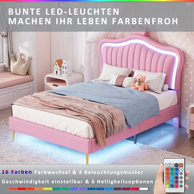Obrázek produktu pro okwish Dětská čalouněná postel 90x200 cm, dětský rám postele, růžová korunka, jednolůžkový rám, vysoce kvalitníPolyuretankůže s LED osvětlením, lamelový rošt a opěrka, růžová (bez matrace)