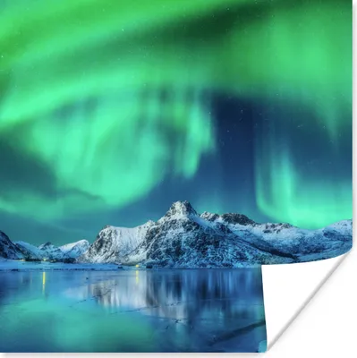 Produktbild von MuchoWow® Poster Nordlichter - Berg - Schnee 50x50 cm - Wohnzimmerdekoration