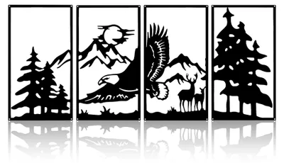 Produktbild von Metallische Wanddekoration Set, 4 Platten mit Wald-, Berg-, Adler- und Hirsch-Silhouetten, 111×43cm Rustikale Dekoration für Innen- und Außenbereiche