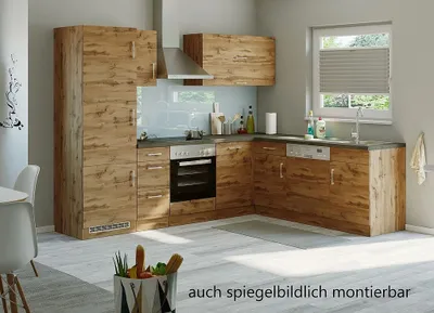 Produktbild von Winkel Eck Küche Sorrento in Wotaneiche Nachbildung 270 x 210 cm mit Herd Glaskeramik Kochfeld Geschirrspüler Kühlschrank Dunsthaube und Spüle