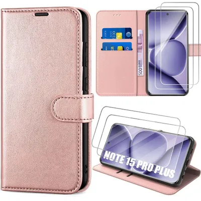 Image de Coque + 2 Verres Trempés pour Xiaomi Redmi Note 15 Pro Plus 5G, Antichoc Anti-Rayures CuirPolyuréthaneRose