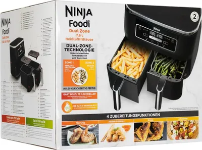 Zdjęcie produktu dla Ninja AF200EU, Frytkownica na gorące powietrze, 7,6 l, 1,6 kg, 240 °C, Podwójny, Czarny