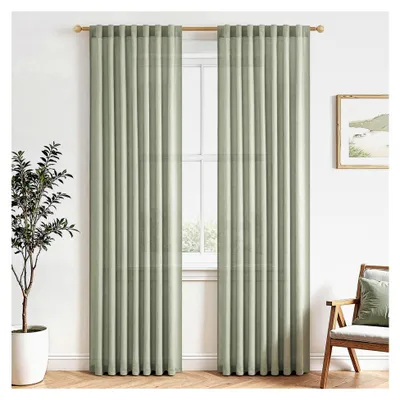 Produktbild von Vorhang in Leinenoptik Salbeigrün Lichtdurchlässig, Fertigstores 2er Set mit verdeckten Schlaufen für das Wohnzimmer H 225 x B 140 cm, Leinenvorhänge für das Kinderzimmer