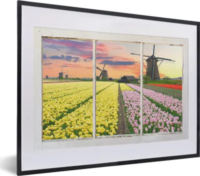 Produktbild von MuchoWow® MuchoWow® Gerahmtes Poster Ansicht - Tulpen - Mühle 40x30 cm - Poster mit zchwarzem Bilderrahmen - Bilderrahmen - Poster im Rahmen