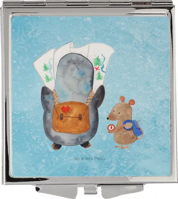 Produktbild von Mr. & Mrs. Panda Quadratischer Spiegel Pinguin & Maus Wanderer - Eisblau - Geschenk, Abenteurer, Taschenspiegel, Wandern, Kleiner, Klappbarer, Klappspiegel, Abenteuer