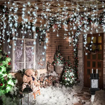 Image de Guirlande lumineuse LED Peviasot, rideau lumineux de 400 LED, blanc froid, 10 mètres, 31 V, IP44, 8 modes, idéale pour les fenêtres et les balcons pendant les fêtes de Noël