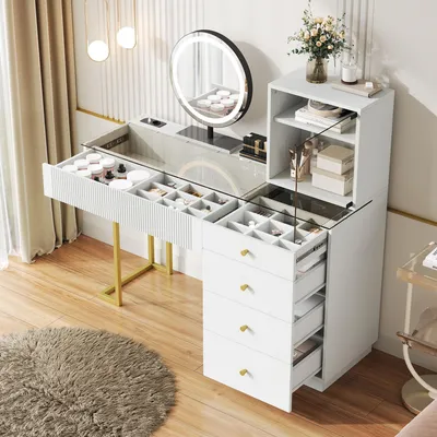 Produktbild von Schminktisch-Set mit LED-Beleuchtungsspiegel, klarer gehärteter Glasplatte, 5 Schubladen und 1 Schrank; weiß, B120 x T40 x H120 cm