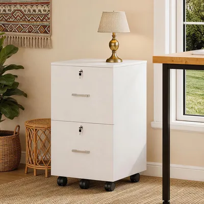 Image de Rangement mobile FCH avec 2 tiroirs, armoire mobile pour documents sur roulettes, meuble de bureau pour formats A4 et LETTER, meuble de rangement sous bureau, blanc