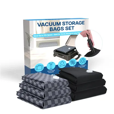 Produktbild von Robuste Vakuumbeutel für Kleidung & Reisen – 6er Pack – mit Handpumpe – Schwarz