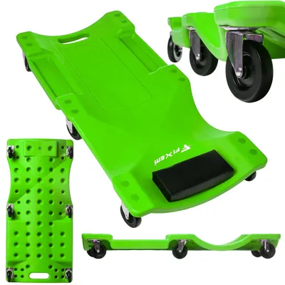 Produktbild von Werkstattliege 100 cm, ergonomisch, mit Kopfstütze, Rollen und Ablagefächern, 150 kg
