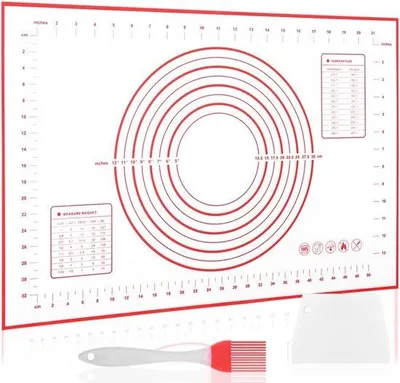 Produktbild von Silikonische Backmatte, 60 x 80 cm, antiaufklebende Backmatte, Backunterlage mit Maßmarkierungen, Teigunterlage mit antislipiger Unterseite, Teigmatschutz silikonisch für Teig, Fondant, Pizza, Brot (rot +)