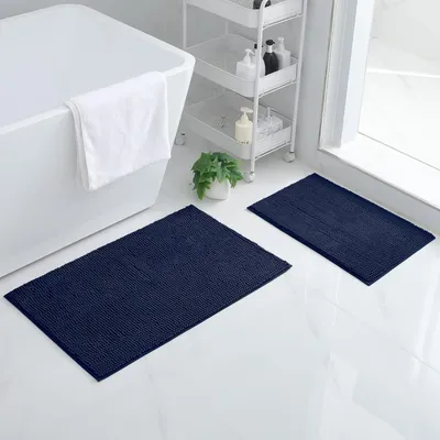 Productafbeelding van Badmatset, 2-delig, chenille, antislip, absorberend, wasbaar, 40x60 cm + 50x80 cm, marineblauw