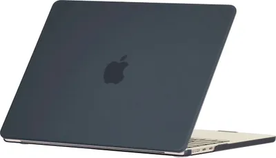 The back of a closed laptop with a dark gray case and the Apple logo visible.