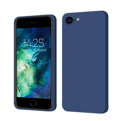 A product shot of a blue phone case next to a phone.