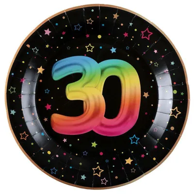Produktbild von 6 Papp-Teller Geburtstag 30 schwarz bunt