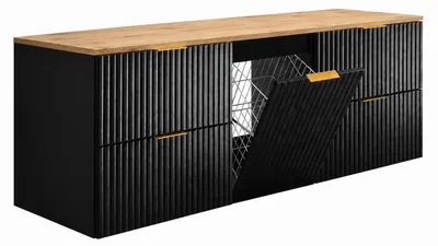 Produktbild von Hängender Waschbeckenunterschrank mit Wäschekorb, Schwarz / Platte Eiche Craft, Griffe Schwarz, 160 x 46 x 57 cm, KI-generiertes Bild