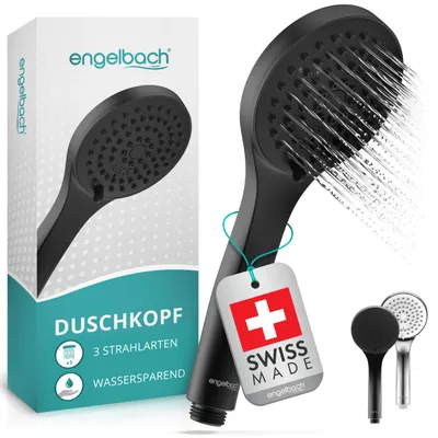 Produktbild von Universal handdouche mit 3 Wasserstrahlen: sanft, Massage und stark,  Switzerland, 9L/min, schwarzer Duschkopf