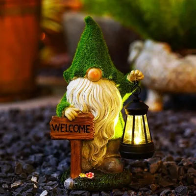 Produktbild von Gartenzwergfiguren aus beflocktem Kunstharz, wetterfest, mit LED-Solarlaterne, niedlich, einladend, Geschenk für Haus, Garten, Rasen oder Balkon, 30 cm