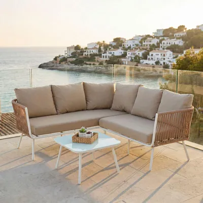 Produktbild von Gartenlounge JAKARTA, weiß/beige - Outdoor Ecksofa mit Dreisitzer, Zweisitzer und Beistelltisch, robustes Metallgestell, wasserabweisende Kissen, für Terrasse und Balkon, L-förmige Sitzlandschaft