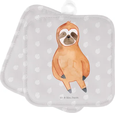 Produktbild von Mr. & Mrs. Panda Topfuntersetzer Faultier Zufrieden - Grau Pastell - Geschenk, topfhalter, Glück, Topflappen, Kochlappen, Ruhe, Ofenlappen, Set
