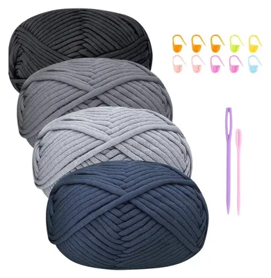 Image de Fil à crocheter, mélange coton-nylon, 4 pelotes de 50g, couleurs : gris, bleu, noir, idéal pour les débutants