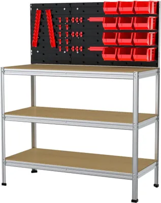 Produktbild von Werkstattregal inkl. Werkzeugwand & Kästen Stahl 132 x 104 cm 3 Holzböden 900 kg
