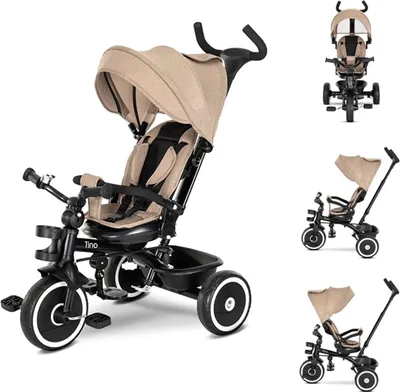 A collage of images showing a beige and black baby tricycle from different angles, including a front view, side view, and a close-up of the seat and canopy.