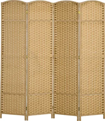 A four-panel folding room divider made of woven material.