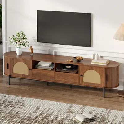 Produktbild von STILVORA TV-Schrank oval mit Rattan-Schiebetüren und Schubladen, Wohnzimmerschrank in Holzoptik mit Metallbeinen und Stauraum, Lowboard mit multifunktionalem Design