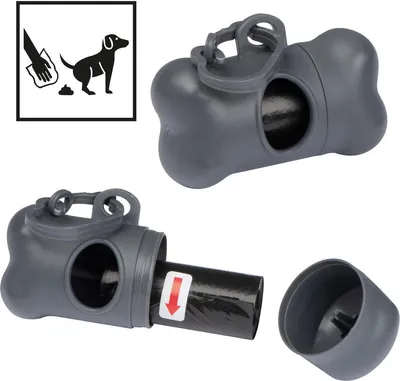 Produktbild von Hundekotbeutelspender in der Form eines Knochens mit Karabinerhaken / Kotbutel