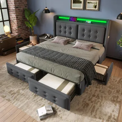 Imagen del producto de Cama tapizada Zerbaco, tamaño doble de 180x200 cm, con cabecero con iluminación LED, función de carga USB-C, 4 cajones, estructura de cama gris con somier, sin colchón