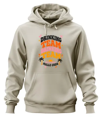 Imagen del producto de Camiseta con capucha para grupo, "Team Malle Crew Mallorca", ideal para vacaciones, fiestas, despedidas de soltero/a, con temática de consumo de alcohol. Diseño con motivos naturales