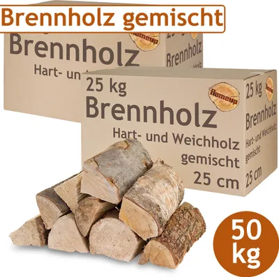 Two cardboard boxes of firewood are shown, with a pile of firewood in the foreground. The boxes have text and branding on them.