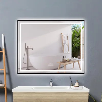 Produktbild von LED Spiegel 100×80cm Badspiegel mit Beleuchtung Bluetooth Uhr 3 Lichtfarben dimmbar Touch Memory Beschlagfrei Wandspiegel Badezimmer IP44