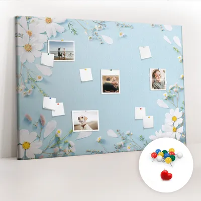 Imagen del producto de Tablero de corcho con chinchetas - Tablero con chinchetas para fotografías y notas - 140x100 cm - 100 chinchetas de colores - Marco con motivos florales