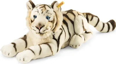 A plush toy tiger lying down on a white background.
