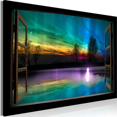 Produktbild von Modernes Wandbild Fensterblick 120x80 - 1 Teile Bilder Fotografie auf Vlies Leinwand Foto Bild Dekoration Wand Bilder Kunstdruck Polarlicht Nacht Natur c-A-0168-b-a