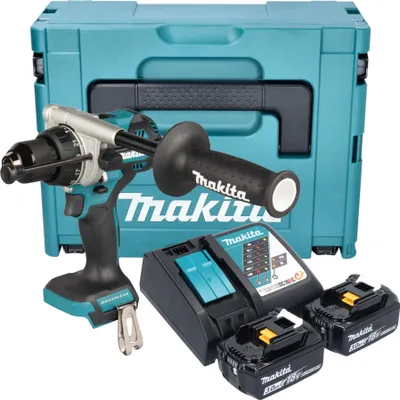 A Makita cordless impact drill with accessories, including two batteries, a charger, and a storage case, is displayed against a white background.