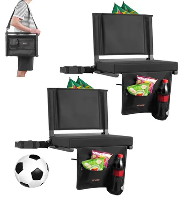 Immagine prodotto di VEVOR Sedile da stadio pieghevole con schienale, sedile imbottito dotato di tracolla, portabevande, gancio e tasca laterale, sedile da stadio (larghezza 431,8 mm) nero, 2 pezzi.