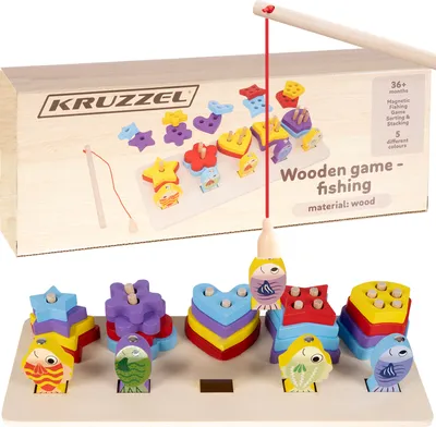 A wooden fishing game with colorful shapes and a fishing rod is displayed on a white background.