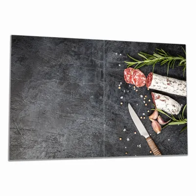 Produktbild von Wallario Herdabdeckplatte aus Glas, Größe 80 x 52 cm 2-teilig, Motiv Salami, Rosmarin und Knoblauch