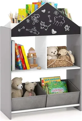 Immagine prodotto di Libreria per bambini e scaffale per giocattoli - Con lavagna - 2 contenitori - 6 scomparti - 63 x 27 x 90 cm - Grigio