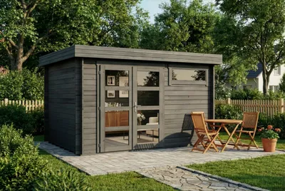 Produktbild von Alpholz Gartenhaus Leandro 394x268cm Imprägn. Grau mit Boden 28mm Wandst.