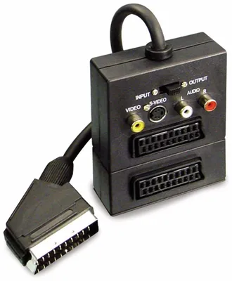 Zdjęcie produktu dla Adapter S/CONN do maksymalnej łączności wideo/audio, wtyk Scart na 2 złącza Scart, złącze S-VHS, 3 złącza cinch, IN/OUT z przełącznikiem, 0,2 m (94037)