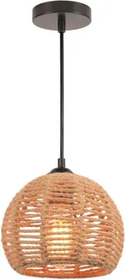 Produktbild von Vintage Boho Rattan-Pendelleuchte E27 Retro-Kronleuchter mit Metallkäfig-Lampenschirm und Hanfseil-Hängelampe für das Wohnzimmer